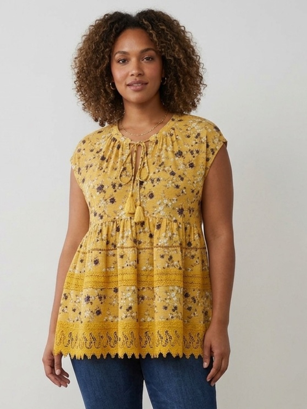 Hannah Yellow Floral Tie-Front Peasant Tunic
